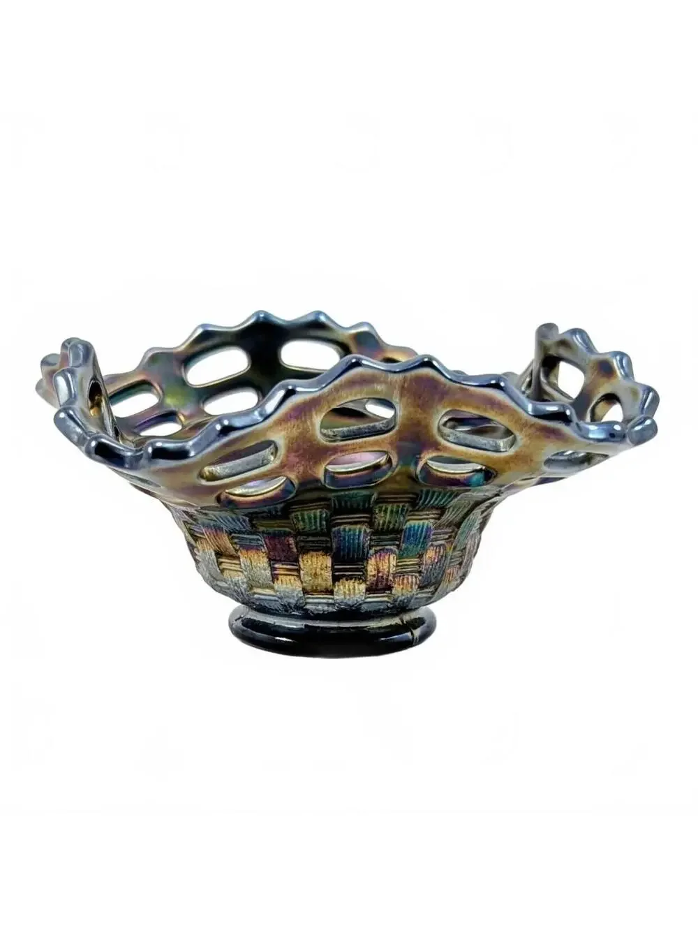 Vtg Fenton Blue Carnival Basket Weave Open Lace Edge Bowl 5.5